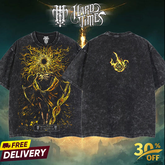 HardTimesClothing Frenzy Flame Old Ver Elden Ring Retro Vintage Unisex Oversize Anime Manga Acid Washed Heavyweight Cotton T-shirt, Anime Merch, Gift For Anime Fan. Menswear Oversized