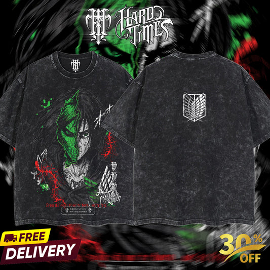 HardTimesClothing - Eren Yeager Attack On Titan Retro Vintage Unisex Oversize Anime Manga Acid Washed Heavyweight Cotton T-shirt, Anime Merch, Gift For Anime Fan. Clothes Oversized