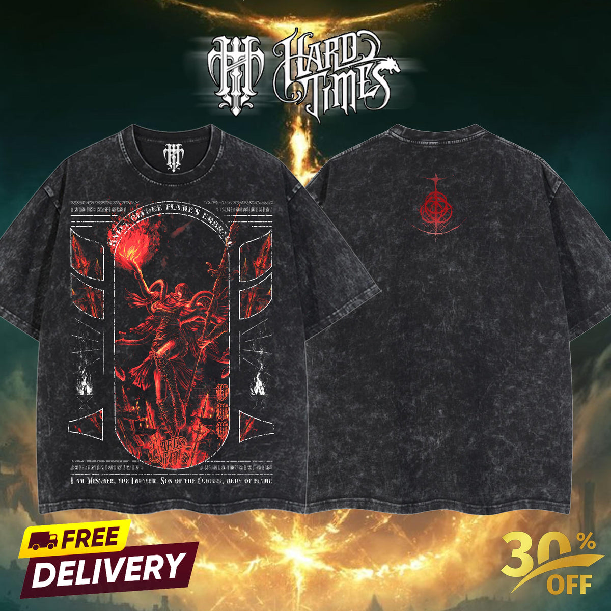 HardTimesClothing - Messmer The Impaler Elden Ring Vintage Unisex Oversize Anime Manga Acid Washed Heavyweight Cotton T-shirt, Anime Merch, Gift For Anime Fan.