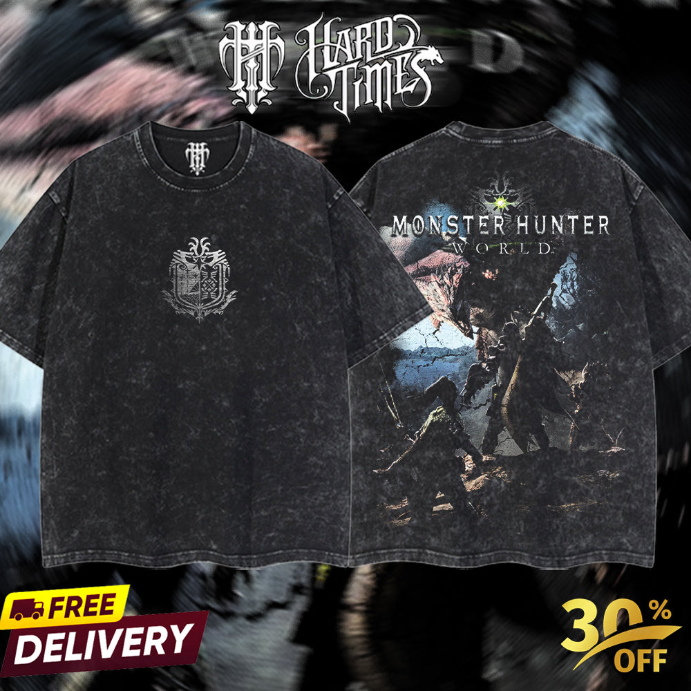HardTimesClothing - Monster Hunter World #2 Retro Limited Vintage From Software Collection Game Oversized Washed Tee Acid Washed Lightweight TSHIRT, Gift for him her Clothes Cotton