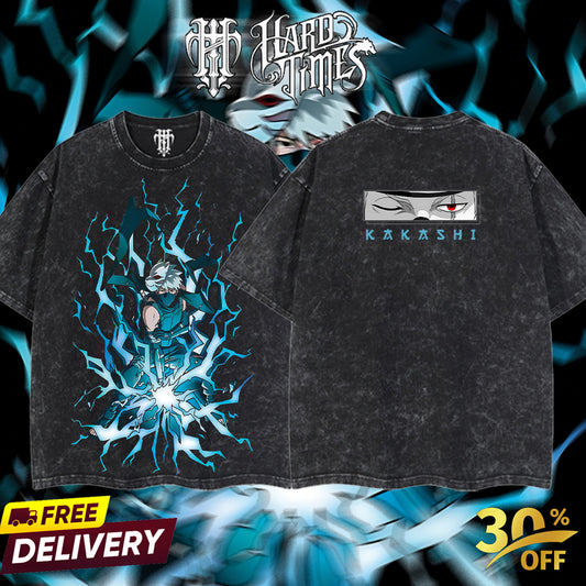 HardTimesClothing - "Kakashi Chidori" Naruto Retro Vintage Unisex Oversize Anime Manga Acid Washed Heavyweight Cotton T-shirt, Anime Merch, Gift For Anime Fan. Clothes Oversized
