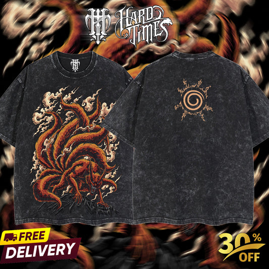 HardTimesClothing - "Jinchuriki Kurama" Naruto Retro Vintage Unisex Oversize Anime Manga Acid Washed Heavyweight Cotton T-shirt, Anime Merch, Gift For Anime Fan. Clothes Oversized
