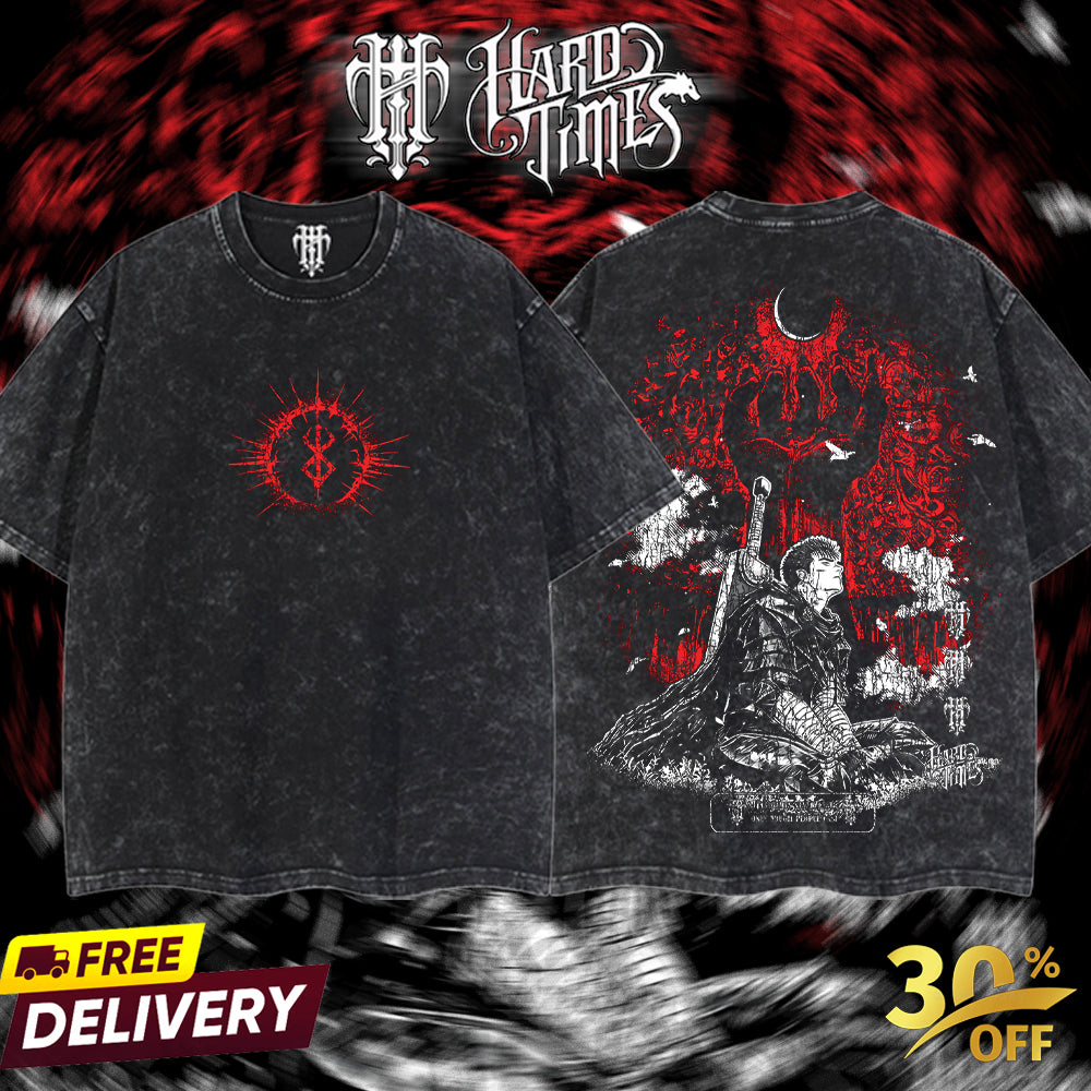 HardTimesClothing - Guts Berserk Vintage Unisex Oversize Anime Manga Acid Washed Heavyweight Cotton T-shirt, graphic tee,anime merch fan, outfits men.