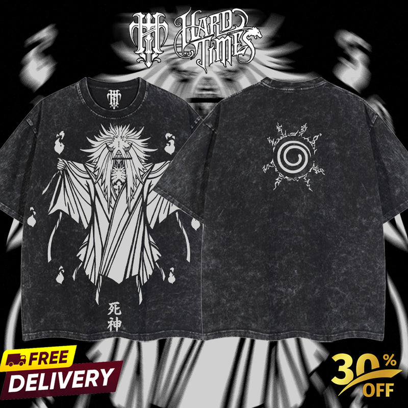 HardTimesClothing - Reaper Death Naruto Anime Limited Edition Death Reaper Seal Double Printed Oversize Lightweight Acid Washed Hoodie, graphic hoodies men streetwear