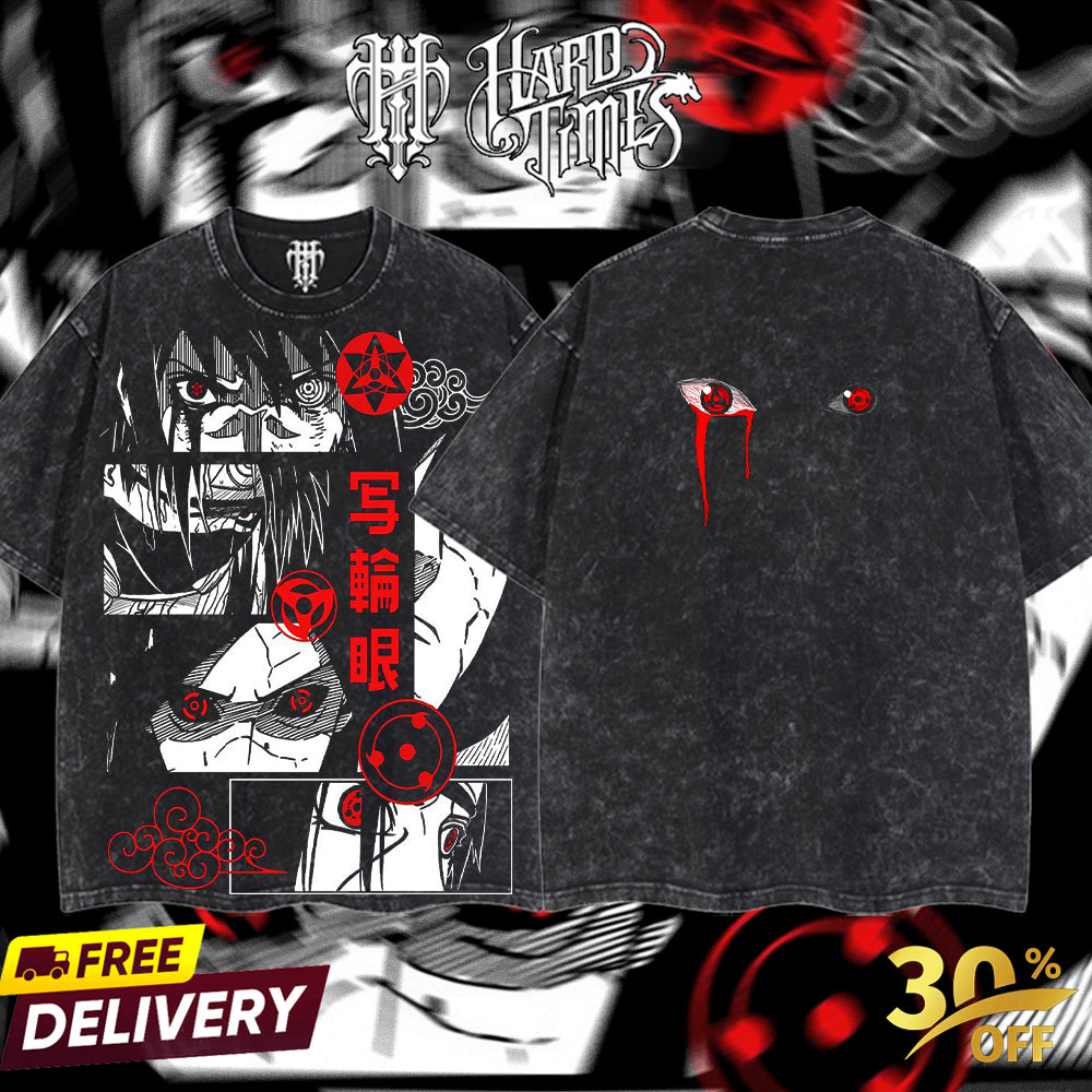 HardTimesClothing - Uchiha Clan Sharingan Naruto Anime Double Printed Oversize Lightweight Acid Washed Tee Clothes Cotton Menswear Soft T-Shirt Top Man Classic