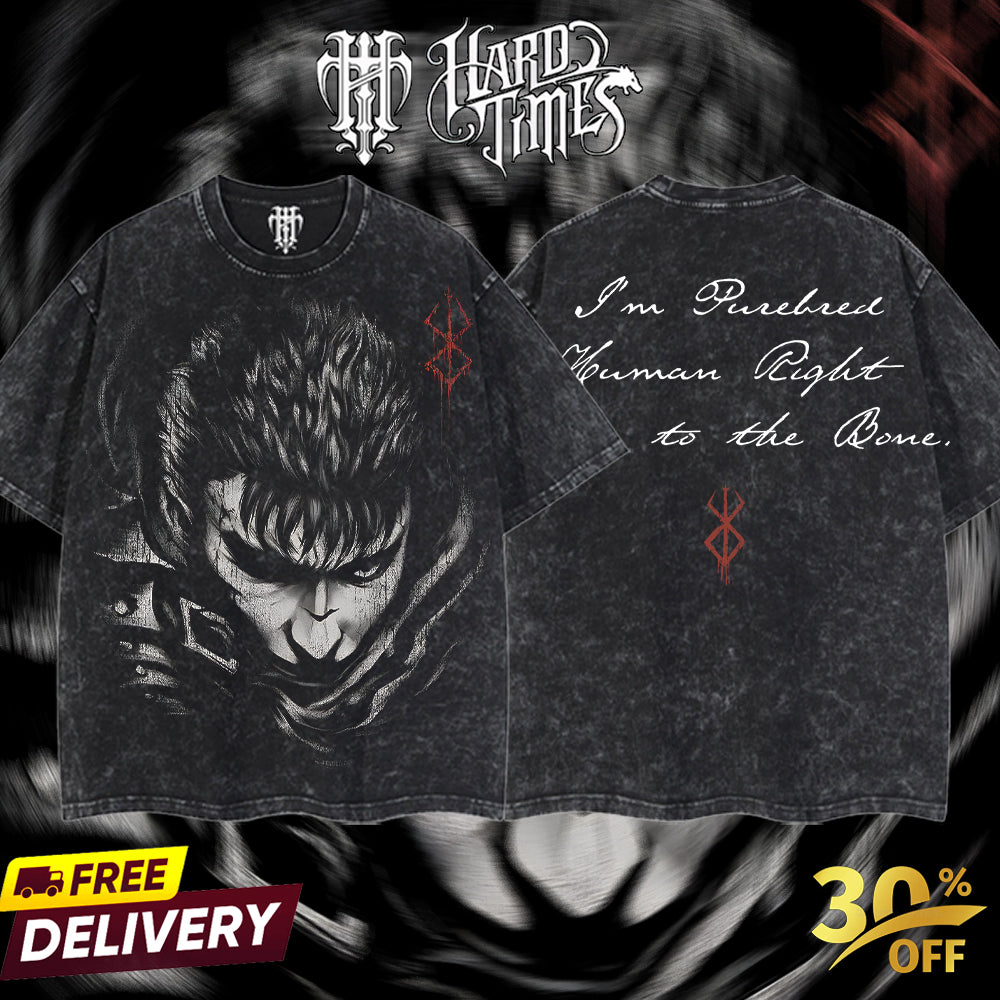 HardTimesClothing - Guts Berserk Retro Vintage Unisex Oversize Anime Manga Acid Washed Heavyweight Cotton T-shirt, Anime Merch, Gift For Anime Fan. Clothes Oversized