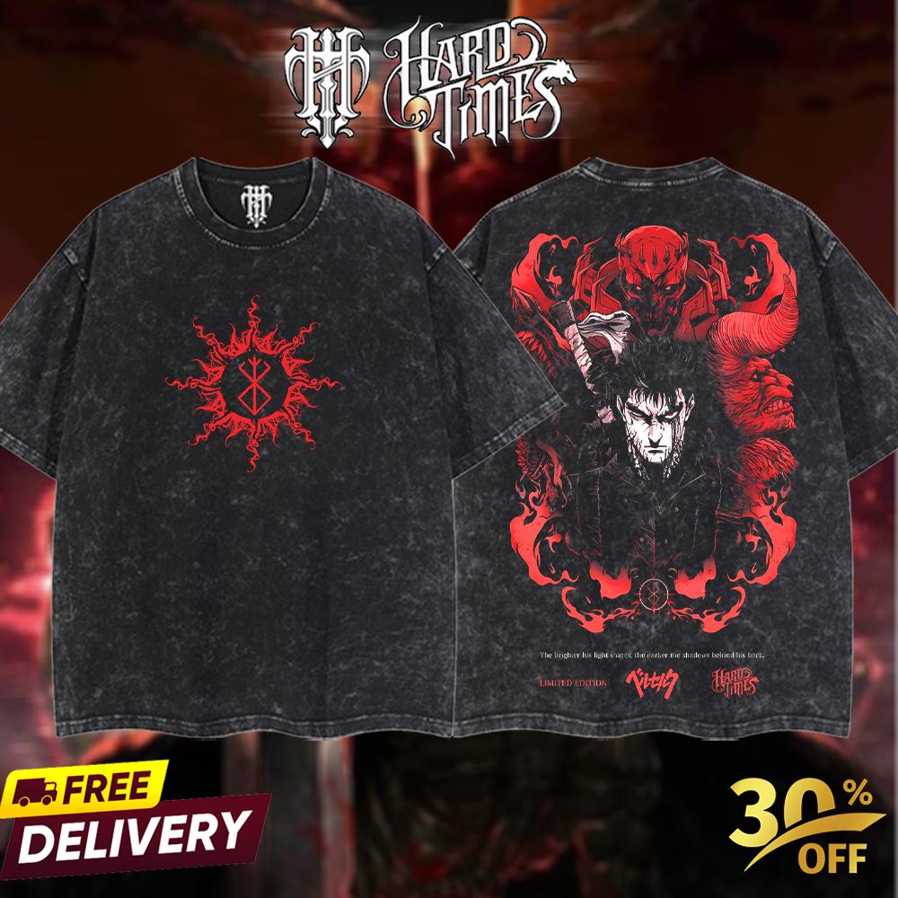 HardTimesClothing - Guts Berserk  Retro Edition Vintage Unisex Oversize Anime Manga Acid Washed Cotton T-shirt, graphic tee,anime merch fan, outfits men,boys merch