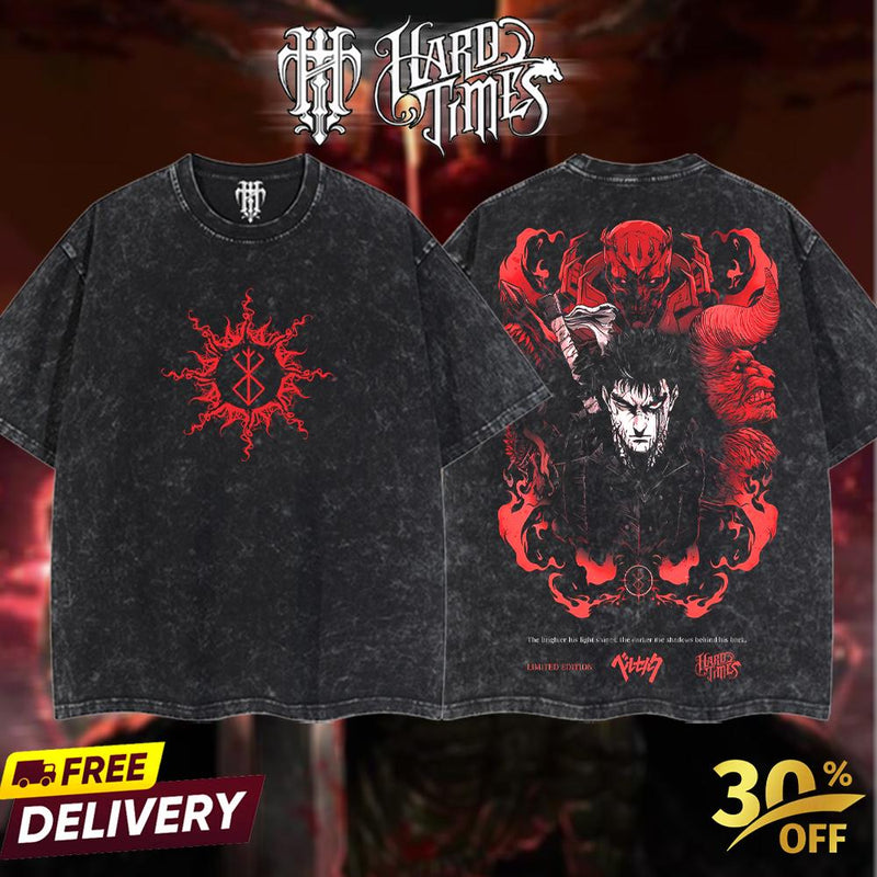HardTimesClothing - Guts Berserk  Retro Edition Vintage Unisex Oversize Anime Manga Acid Washed Cotton T-shirt, graphic tee,anime merch fan, outfits men,boys merch