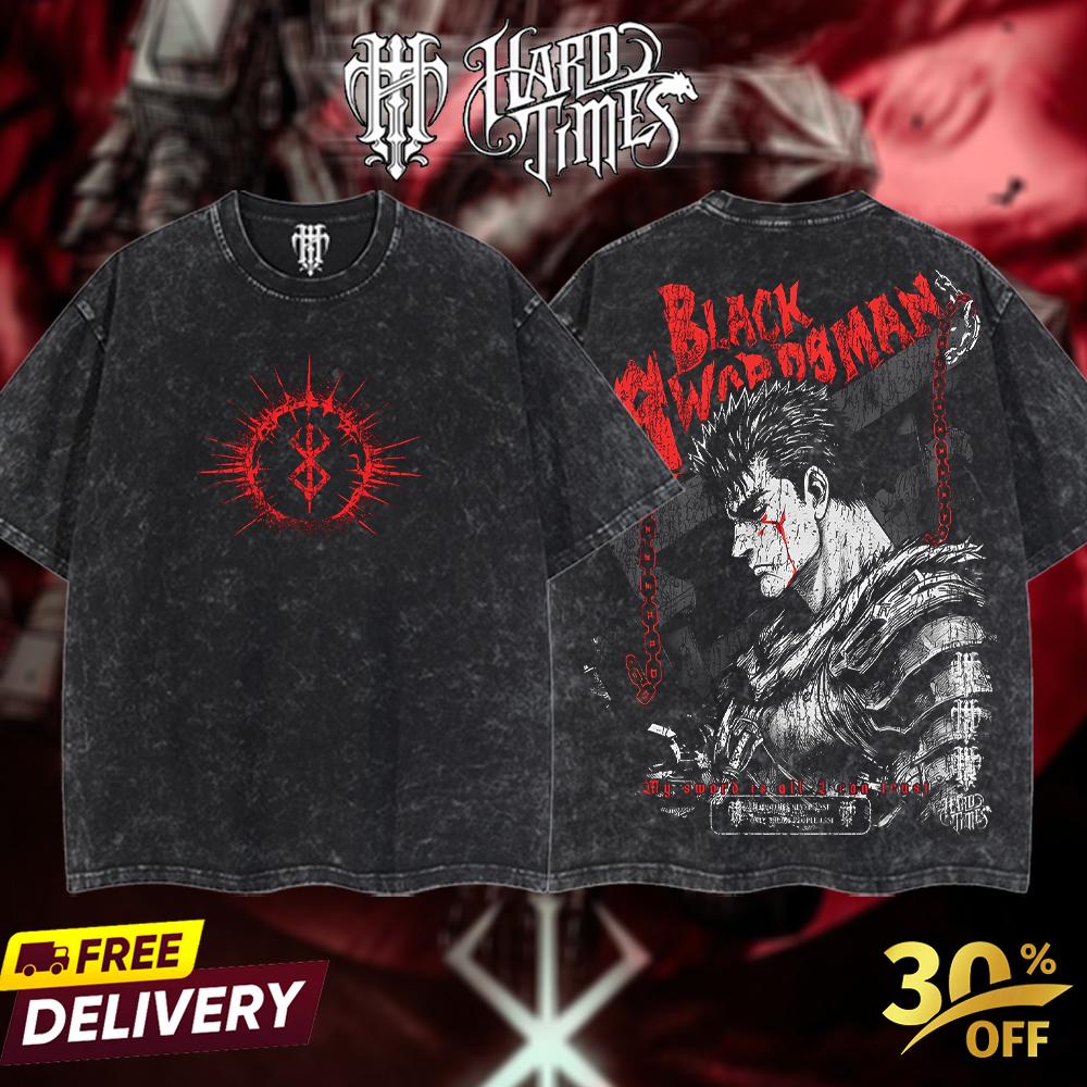 HardTimesClothing - Guts Berserk Retro Vintage Unisex Oversize Anime Manga Acid Washed Heavyweight Cotton T-shirt, Anime Merch, Gift For Anime Fan. Clothes Oversized