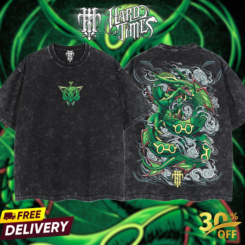 HardTimeClothing - Rayquaza Pokemon Retro Vintage Unisex Oversize Anime Manga Acid Washed Heavyweight Cotton T-shirt, Anime Merch, Gift For Anime Fan. Clothes Oversized