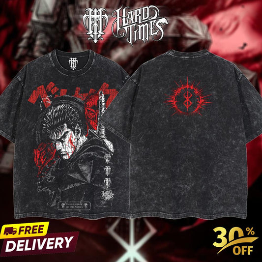 HardTimesClothing - Guts Berserk Retro Vintage Unisex Oversize Anime Manga Acid Washed Heavyweight Cotton T-shirt, Anime Merch, Gift For Anime Fan. Clothes Oversized