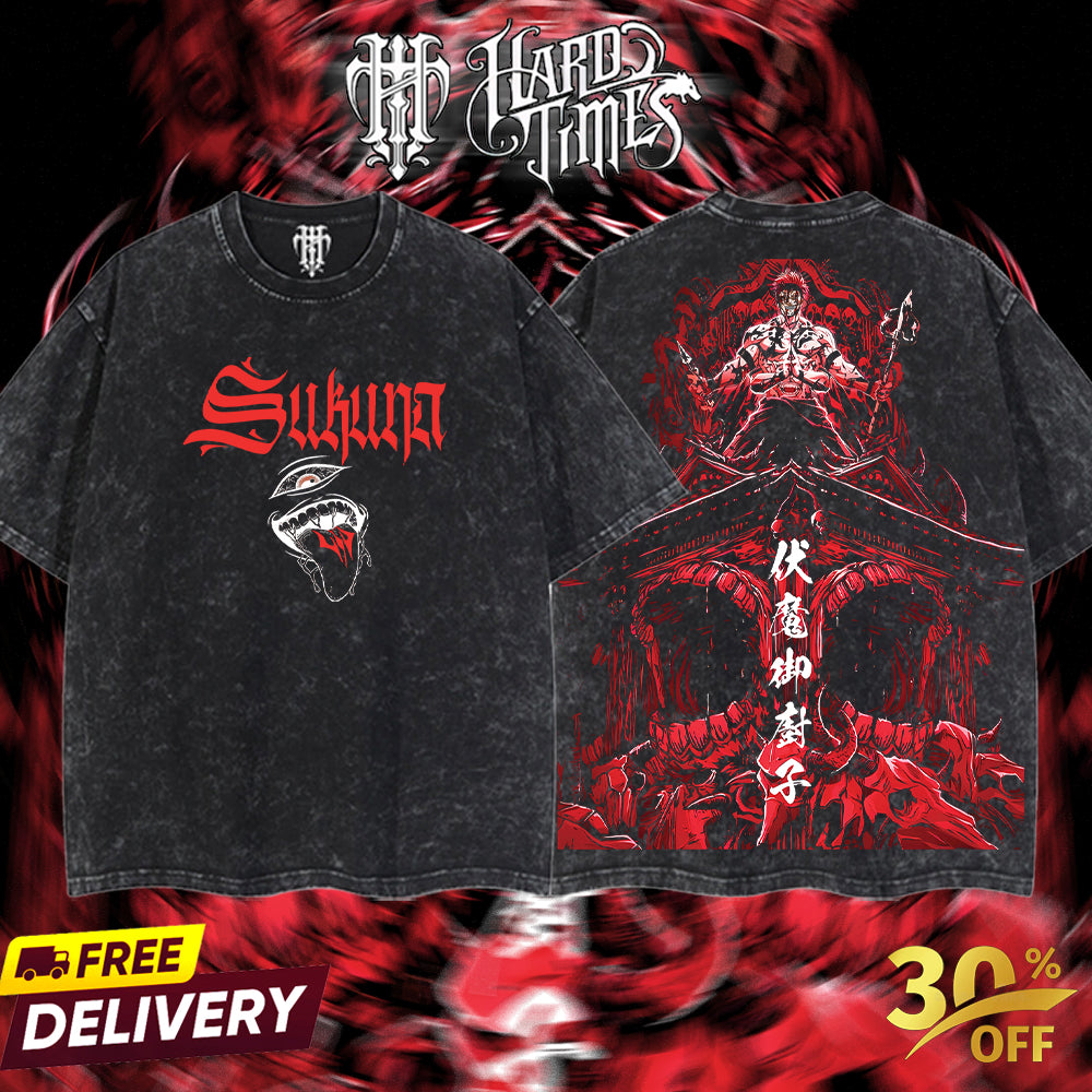 HardTimesClothing "Sukuna" Jujutsu Kaisen Retro Vintage Unisex Oversize Anime Manga Acid Washed Heavyweight Cotton T-shirt, Anime Merch, Gift For Anime Fan. Clothes Oversized