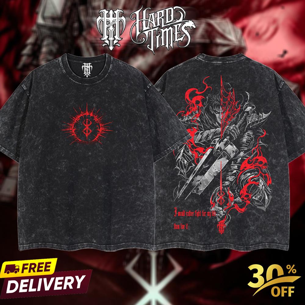 HardTimesClothing - Guts Berserk Retro Vintage Unisex Oversize Anime Manga Acid Washed Heavyweight Cotton T-shirt, Anime Merch, Gift For Anime Fan. Clothes Oversized