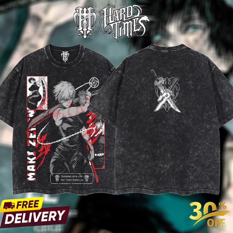 HardTimesClothing Maki Zenin Jujutsu Kaisen Season 3 2026 Retro Vintage Unisex Oversize Anime Manga Acid Washed Heavyweight Cotton T-shirt, Anime Merch, Gift For Anime Fan. Menswear Oversized