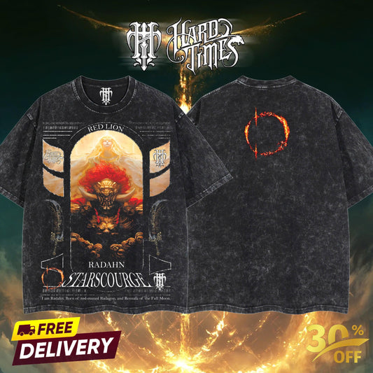 HardTimesClothing Radahn Starscourge miquella consort Elden Ring Boss Retro Vintage Unisex Oversize Anime Manga Acid Washed Heavyweight Cotton T-shirt, Anime Merch, Gift For Anime Fan. Menswear Oversized