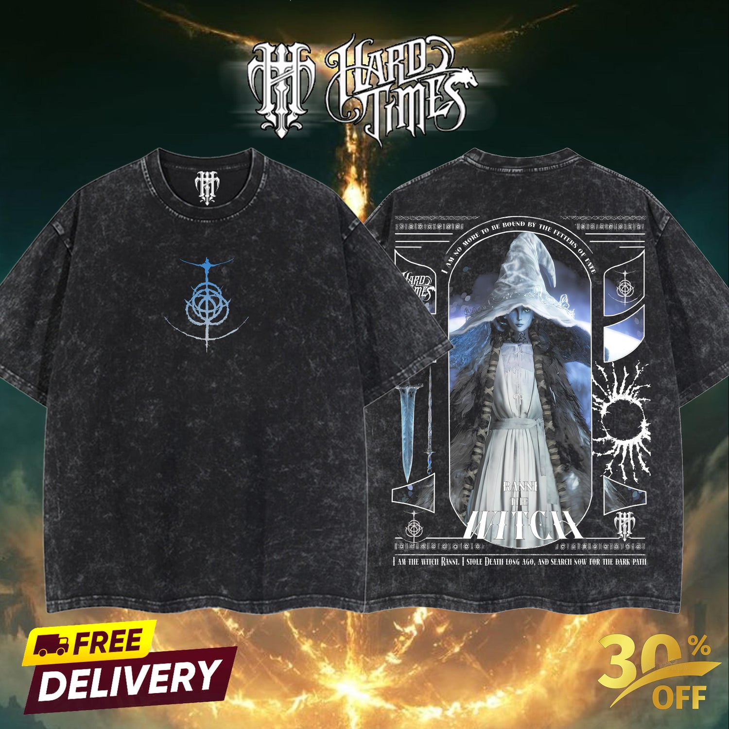 HardTimesClothing Ranni the Witch 22.10 Elden Ring Retro Vintage Unisex Oversize Anime Manga Acid Washed Heavyweight Cotton T-shirt, Anime Merch, Gift For Anime Fan. Menswear Oversized