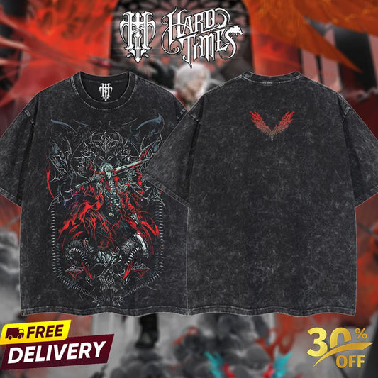 HardTimeClothing - Dante Devil Hunter - Devil May Cry Retro Vintage Unisex Oversize Anime Manga Game Acid Washed Heavyweight Cotton T-shirt, Anime Merch, Gift For Anime Fan. Clothes Oversized