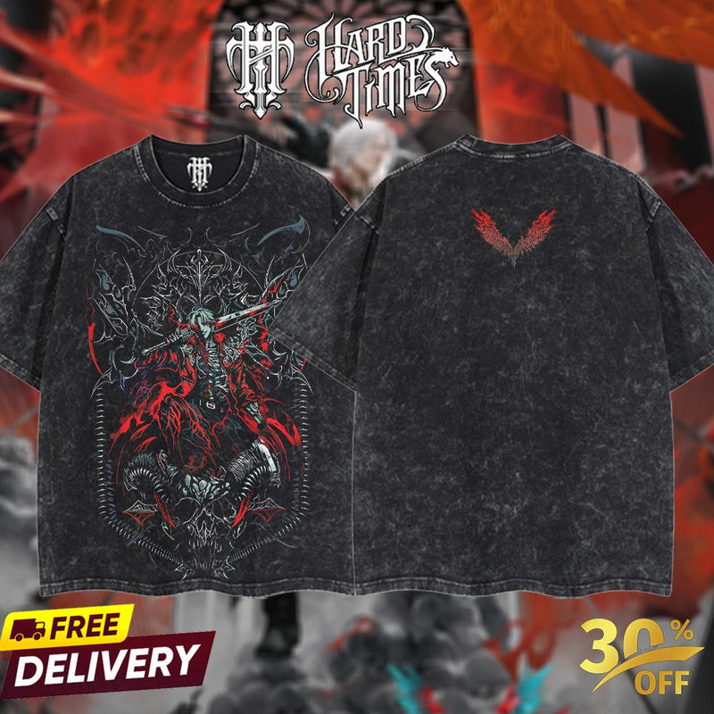 HardTimeClothing - Dante Devil Hunter - Devil May Cry Retro Vintage Unisex Oversize Anime Manga Game Acid Washed Heavyweight Cotton T-shirt, Anime Merch, Gift For Anime Fan. Clothes Oversized