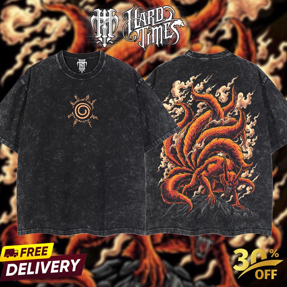 HardTimesClothing - "Jinchuriki Kurama" Naruto Retro Vintage Unisex Oversize Anime Manga Acid Washed Heavyweight Cotton T-shirt, Anime Merch, Gift For Anime Fan. Clothes Oversized