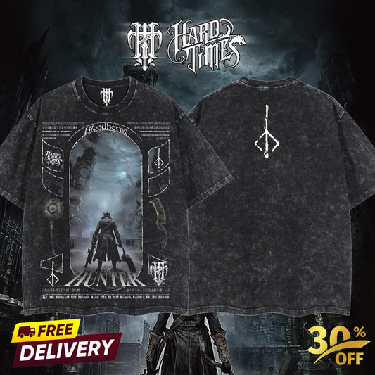 HardTimesClothing The Hunter Bloodborne Elden Ring Retro Vintage Unisex Oversize Anime Manga Acid Washed Heavyweight Cotton T-shirt, Anime Merch, Gift For Anime Fan. Menswear Oversized