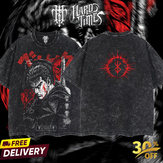 HardTimesClothing - Guts Berserk Retro Vintage Unisex Oversize Anime Manga Acid Washed Heavyweight Cotton T-shirt, Anime Merch, Gift For Anime Fan. Clothes Oversized