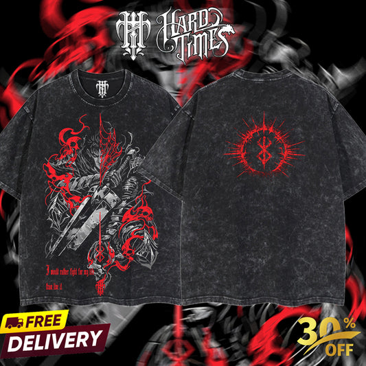 HardTimesClothing - Guts Berserk Retro Vintage Unisex Oversize Anime Manga Acid Washed Heavyweight Cotton T-shirt, Anime Merch, Gift For Anime Fan. Clothes Oversized