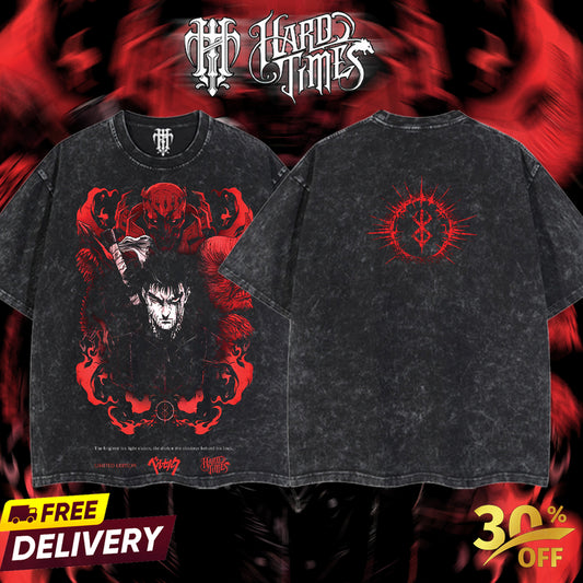 HardTimesClothing - Guts Berserk Vintage Unisex Oversize Anime Manga Acid Washed Heavyweight Cotton T-shirt, graphic tee,anime merch fan, outfits men