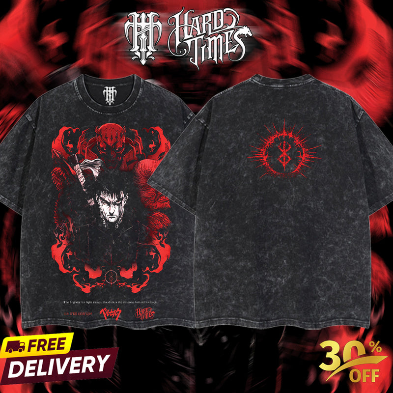 HardTimesClothing - Guts Berserk Vintage Unisex Oversize Anime Manga Acid Washed Heavyweight Cotton T-shirt, graphic tee,anime merch fan, outfits men