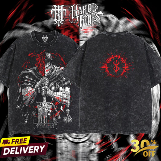 HardTimesClothing - Guts Berserk Retro Vintage Unisex Oversize Anime Manga Acid Washed Heavyweight Cotton T-shirt, Anime Merch, Gift For Anime Fan. Clothes Oversized