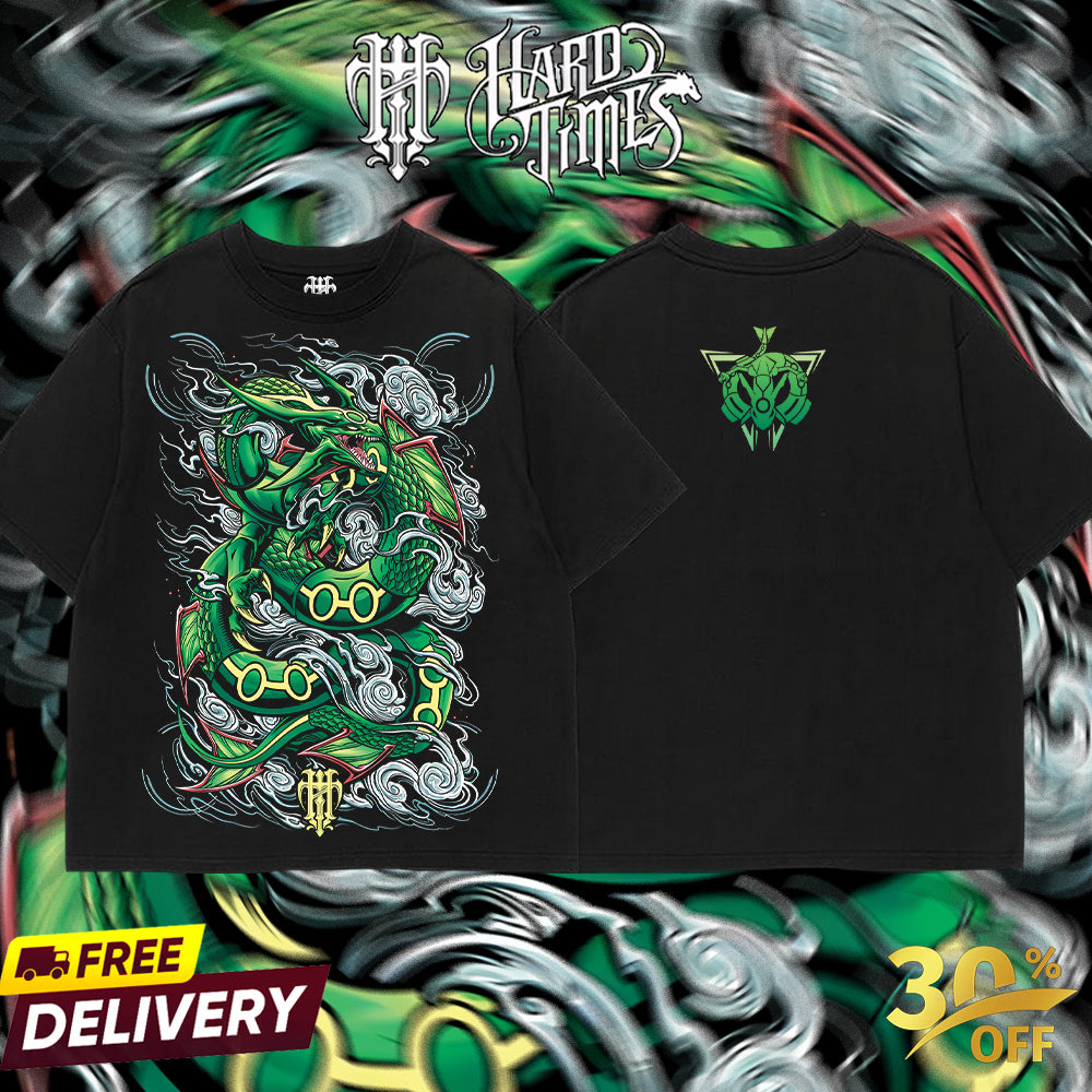 HardTimeClothing - Rayquaza Pokemon Retro Vintage Unisex Oversize Anime Manga Acid Washed Heavyweight Cotton T-shirt, Anime Merch, Gift For Anime Fan. Clothes Oversized