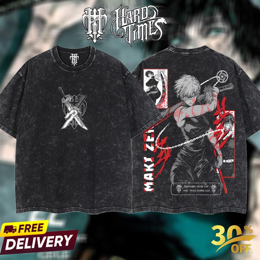 HardTimesClothing Maki Zenin Jujutsu Kaisen Season 3 2026 Retro Vintage Unisex Oversize Anime Manga Acid Washed Heavyweight Cotton T-shirt, Anime Merch, Gift For Anime Fan. Menswear Oversized