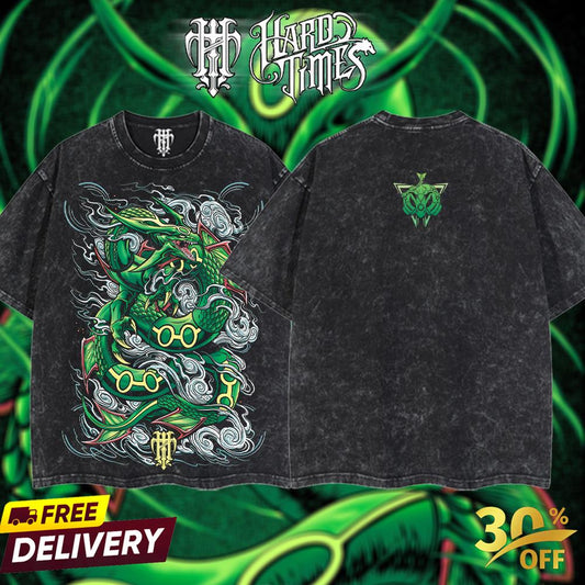 HardTimeClothing - Rayquaza Pokemon Retro Vintage Unisex Oversize Anime Manga Acid Washed Heavyweight Cotton T-shirt, Anime Merch, Gift For Anime Fan. Clothes Oversized