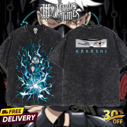 HardTimesClothing - "Kakashi Chidori" Naruto Retro Vintage Unisex Oversize Anime Manga Acid Washed Heavyweight Cotton T-shirt, Anime Merch, Gift For Anime Fan. Clothes Oversized