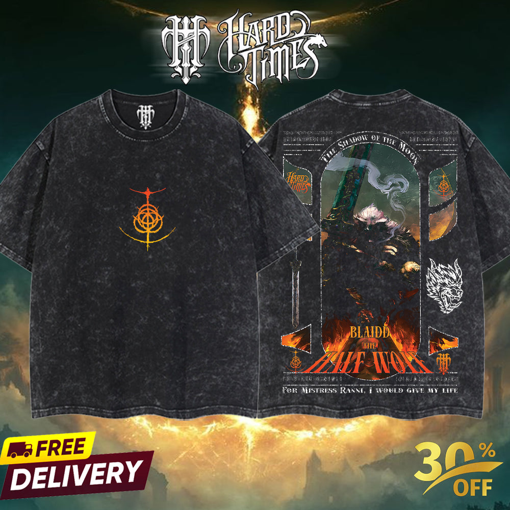 HardTimesClothing Blaidd the Half-Wolf Elden Ring Retro Vintage Unisex Oversize Anime Manga Acid Washed Heavyweight Cotton T-shirt, Anime Merch, Gift For Anime Fan. Menswear Oversized