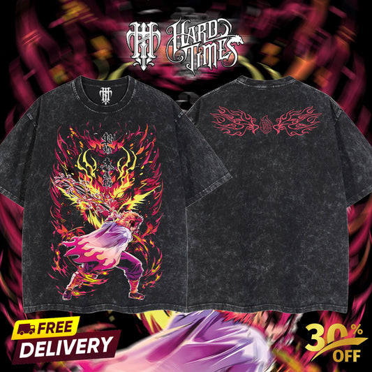 HardTimesClothing - Retro Limited Vintage Rengoku Demon Slayer, demon slayer infinity castle, Unisex Oversize Anime Manga Acid Washted Heavyweight Cotton Tshirt, Anime Merch, Gift for anime fan Clothes Oversized