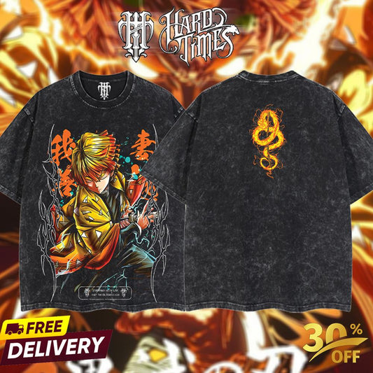HardTimesClothing - Zenitsu Demons Slayer  Retro Edition Vintage Unisex Oversize Anime Manga Acid Washed Cotton T-shirt, graphic tee,anime merch fan, outfits men,boys merch