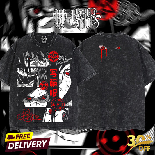 HardTimesClothing - Uchiha Clan Sharingan Naruto Anime Double Printed Oversize Lightweight Acid Washed Tee Clothes Cotton Menswear Soft T-Shirt Top Man Classic