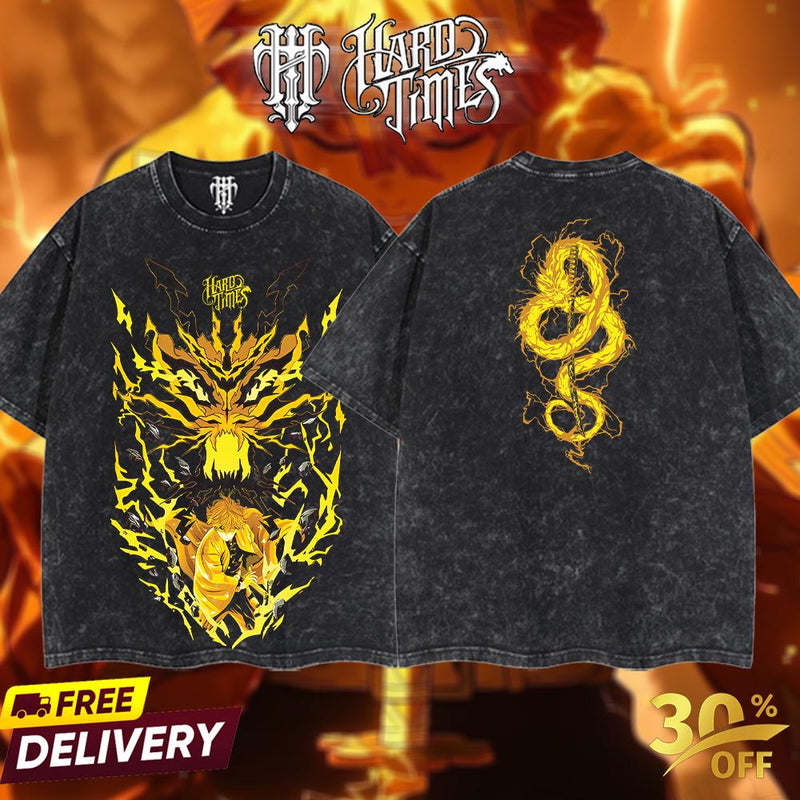 HardTimesClothing - Zenitsu Demons Slayer  Retro Edition Vintage Unisex Oversize Anime Manga Acid Washed Cotton T-shirt, graphic tee,anime merch fan, outfits men,boys merch