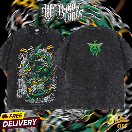 HardTimeClothing - Rayquaza Pokemon Retro Vintage Unisex Oversize Anime Manga Acid Washed Heavyweight Cotton T-shirt, Anime Merch, Gift For Anime Fan. Clothes Oversized.