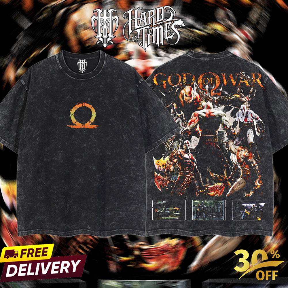 HardTimesClothing Kratos God Of War  Retro Vintage Unisex Oversize Anime Manga Acid Washed Heavyweight Cotton T-shirt, Anime Merch, Gift For Anime Fan. Menswear Oversized