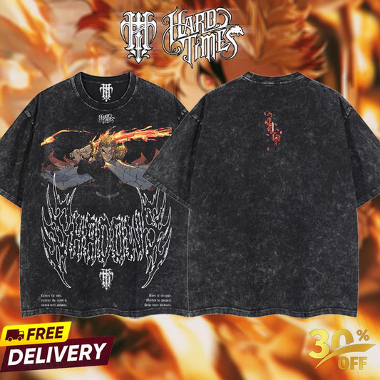 HardTimeClothing - Rengoku Demonslayer Retro Vintage Unisex Oversize Anime Manga Acid Washed Heavyweight Cotton T-shirt, Anime Merch, Gift For Anime Fan. Clothes Oversized Streetwear Classic