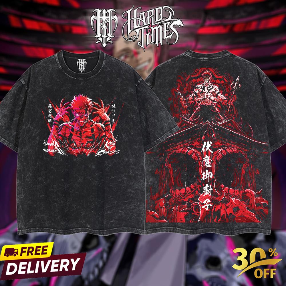 HardTimesClothing "Sukuna" Jujutsu Kaisen Retro Vintage Unisex Oversize Anime Manga Acid Washed Heavyweight Cotton T-shirt, Anime Merch, Gift For Anime Fan. Clothes Oversized