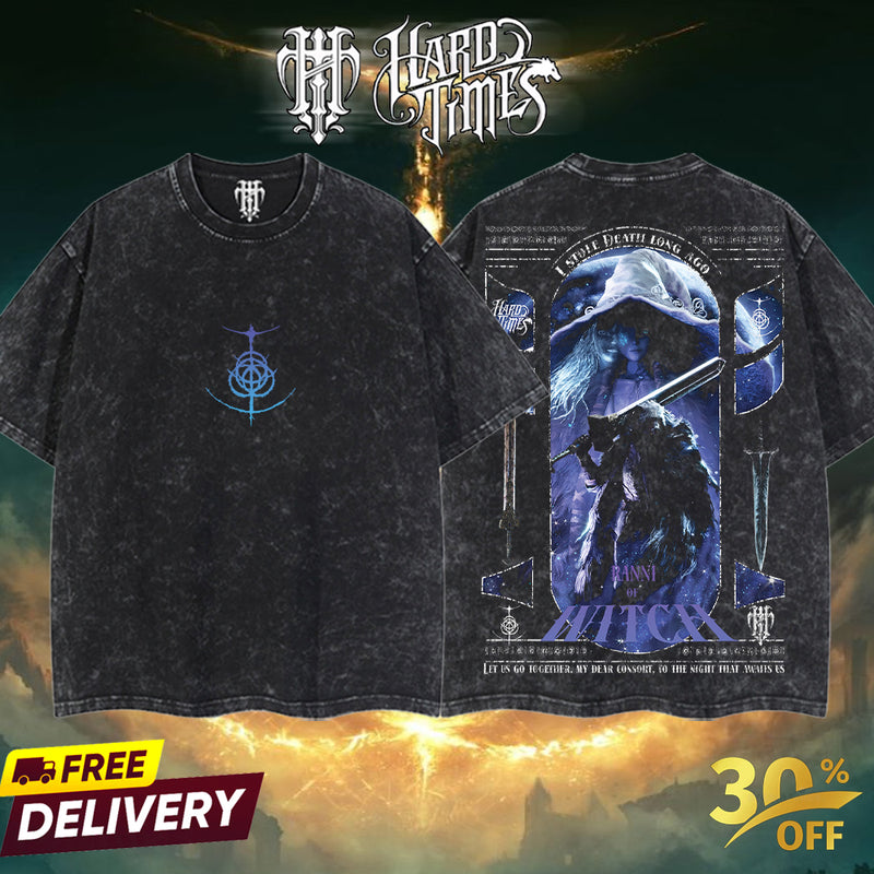 HardTimesClothing - Ranni the Witch x Blaidd the Half-Wolf Elden Ring Retro Vintage Unisex Oversize Anime Manga Acid Washed Heavyweight Cotton T-shirt, Anime Merch, Gift For Anime Fan.