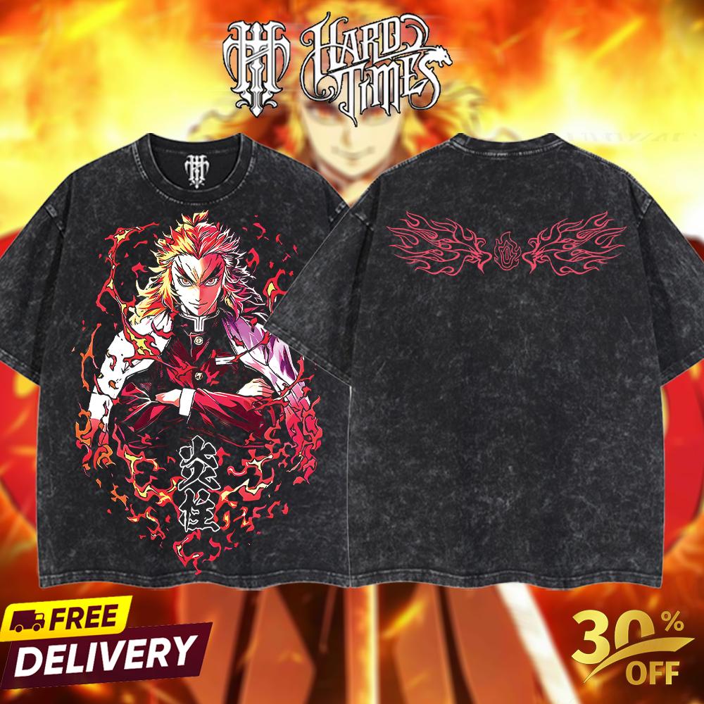 HardTimesClothing - Retro Limited Vintage Rengoku Demon Slayer, demon slayer infinity castle, Unisex Oversize Anime Manga Acid Washted Heavyweight Cotton Tshirt, Anime Merch, Gift for anime fan Clothes Oversized