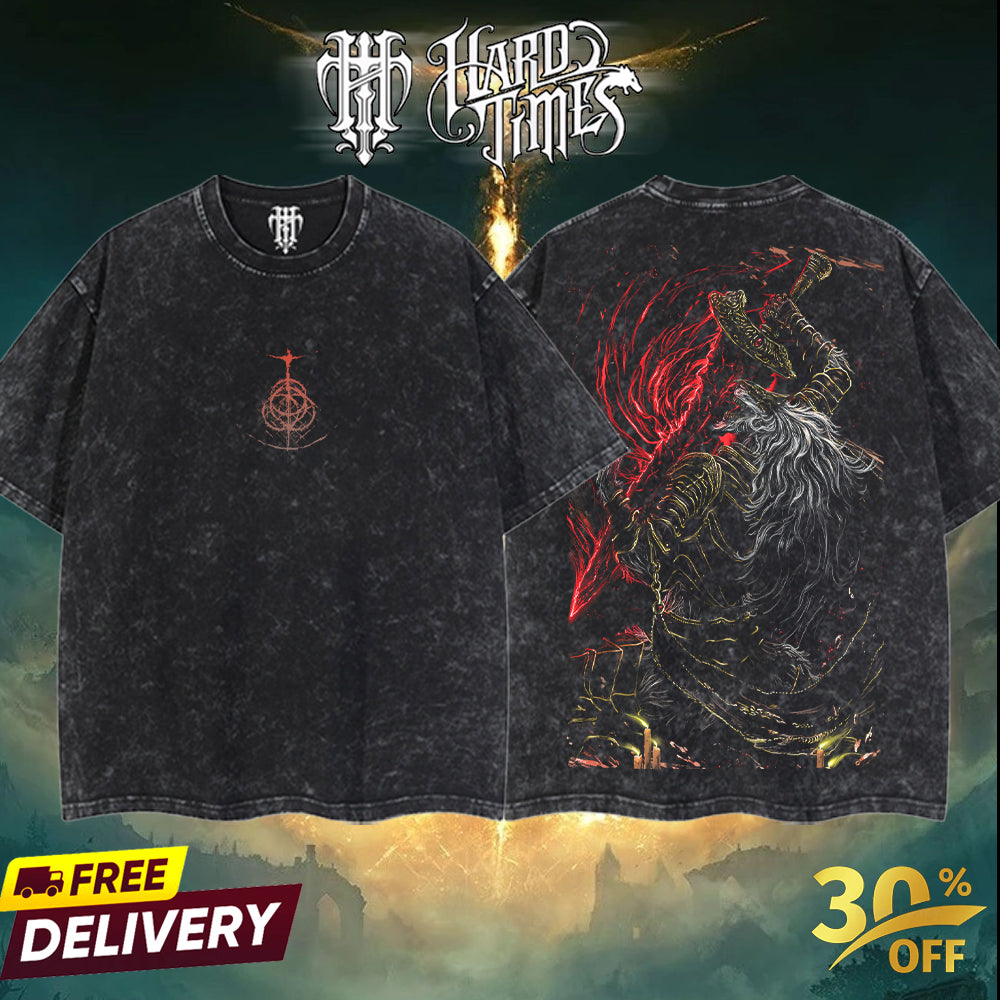 HardTimesClothing -  Maliketh the Black Blade Elden Ring Boss Retro Limited Vintage, From Software Collection Game Oversized Washed Tee Acid Washed Lightweight TSHIRT, Gift for him her Clothes Cotton