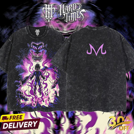 HardTimesClothing Majin Vegeta Dragonball Retro Vintage Unisex Oversize Anime Manga Acid Washed Heavyweight Cotton T-shirt, Anime Merch, Gift For Anime Fan. Menswear Oversized.