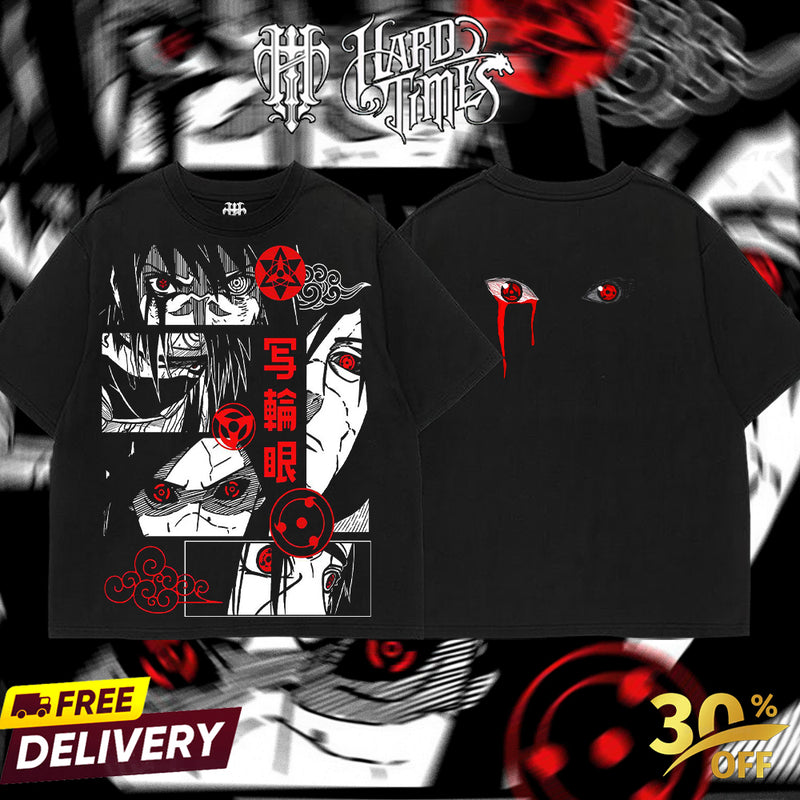 HardTimesClothing - Uchiha Clan Sharingan Naruto Anime Double Printed Oversize Lightweight Acid Washed Tee Clothes Cotton Menswear Soft T-Shirt Top Man Classic