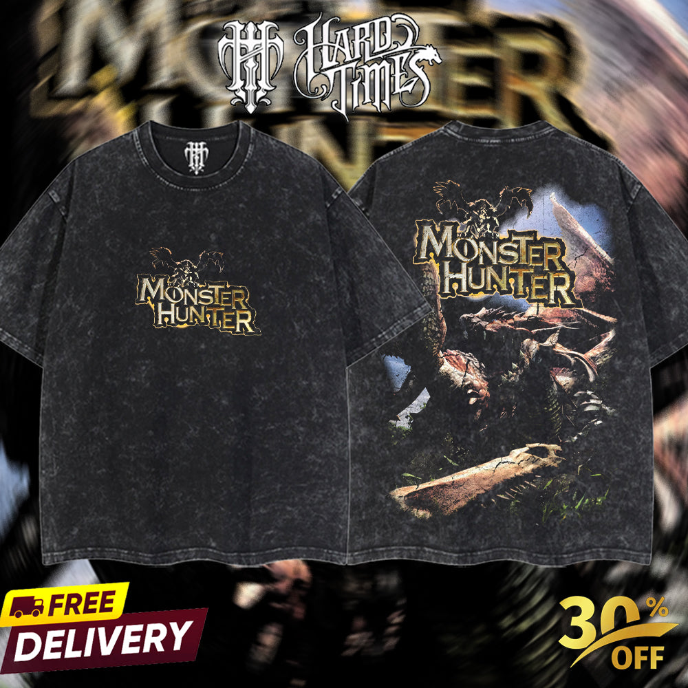 HardTimesClothing - Monster Hunter Retro Limited Vintage From Software Collection Game Oversized Washed Tee Acid Washed Lightweight TSHIRT, Gift for him her Clothes Cotton (Copy)