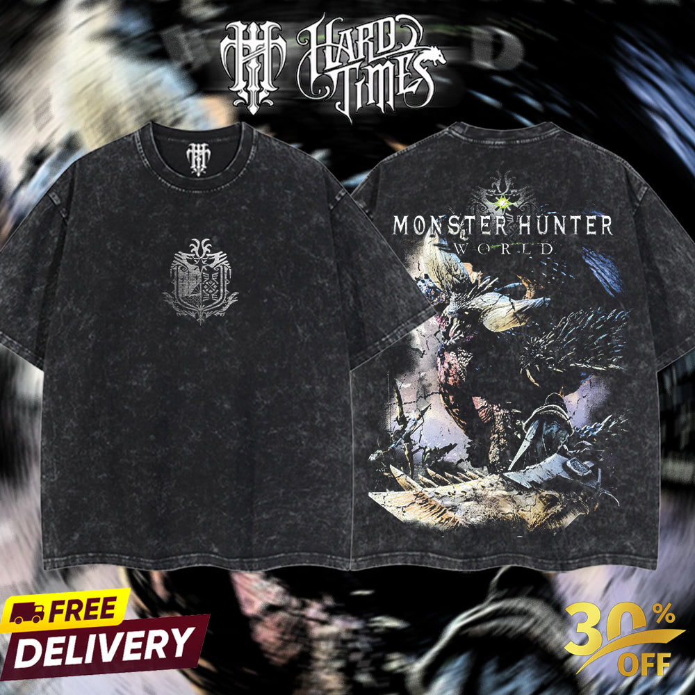 HardTimesClothing - Monster Hunter World Retro Limited Vintage From Software Collection Game Oversized Washed Tee Acid Washed Lightweight TSHIRT, Gift for him her Clothes Cotton