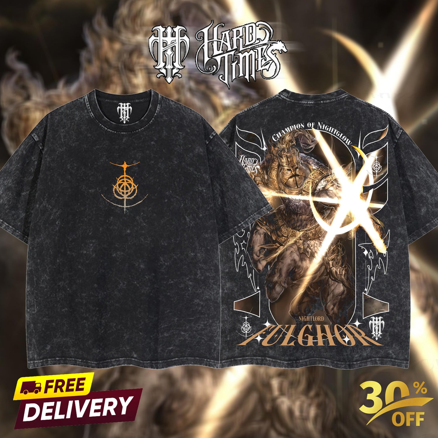 HardTimesClothing Fulghor Nightlord Elden Ring Boss Nightreign Retro Vintage Unisex Oversize Anime Manga Acid Washed Heavyweight Cotton T-shirt, Anime Merch, Gift For Anime Fan. Menswear Oversized (Copy) (Copy)